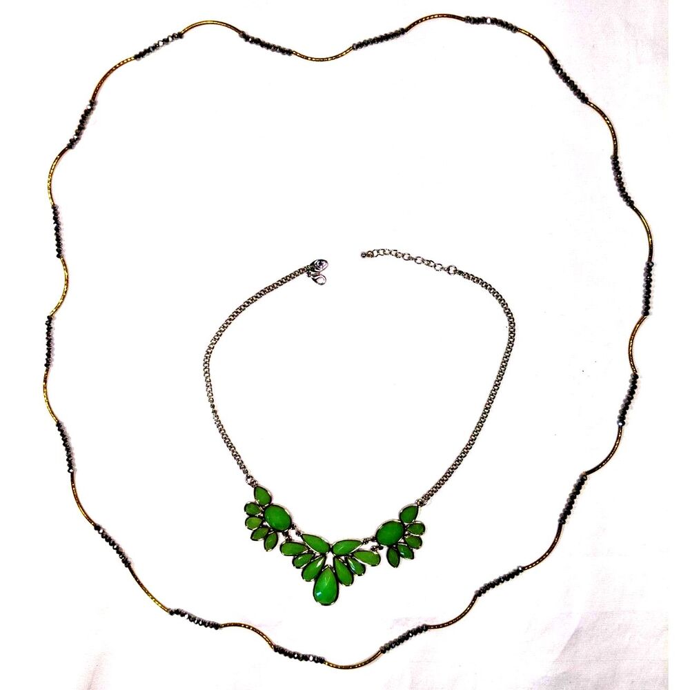 Pair Dressy Sparkle Necklace Green Silver Bib Gold Opera Length 48" Coquette